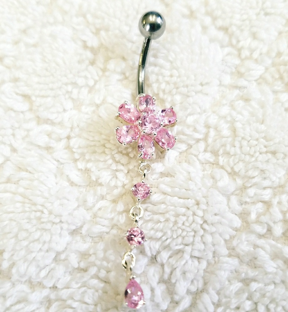 925 SS Stamped Pink Flower Dangle CZ Navel Ring